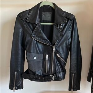 All Saints Black Leather Moto Jacket with Asymmetrical Zipper US6